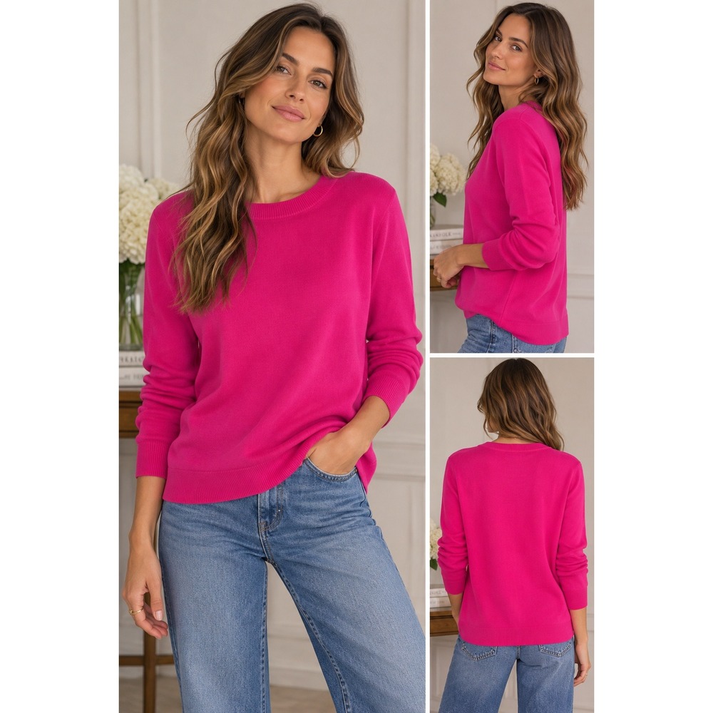 Caslon Sweater Womens 2X Hot Pink Merino Wool Blend Crewneck Pullover Classic